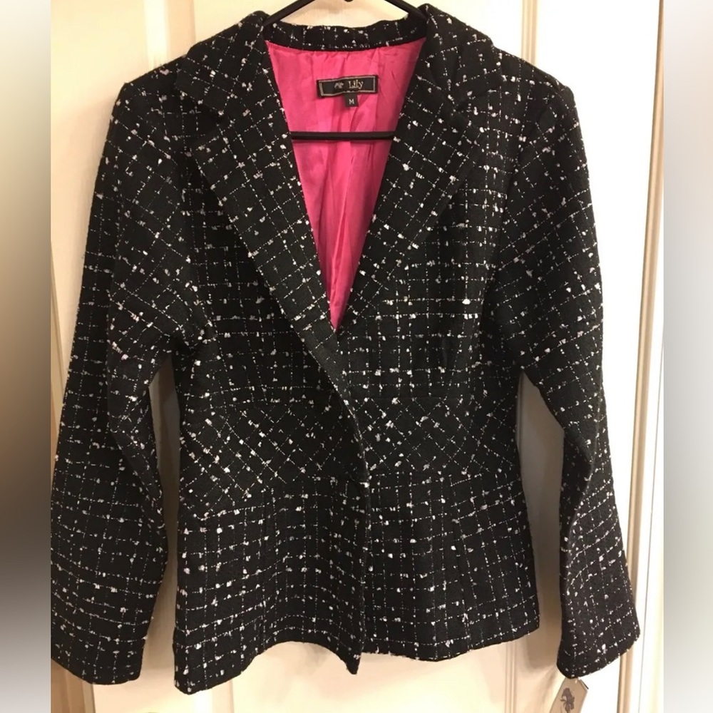Women’s Blazer coat ‘Lily’ black white with pink Med vintage fitted made in USA